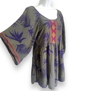 Roxy XS Boho Palm Leaf Blouse Top Olive Purple Bell Sleeve Embroidered Tunic